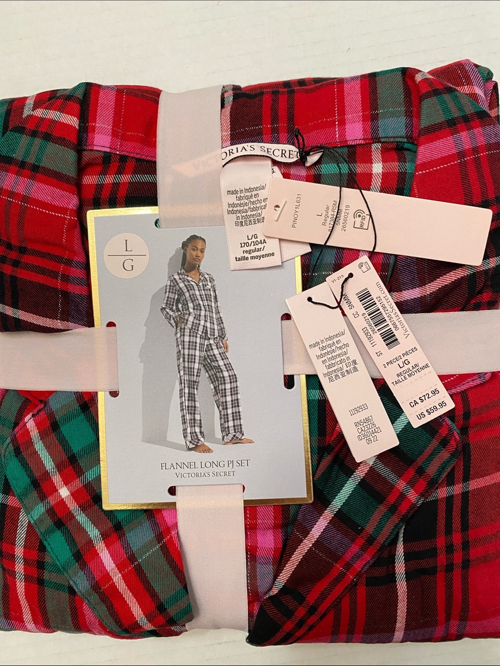 Victoria’s Secret flannel pajama set red, green, pink plaid LARGE regular